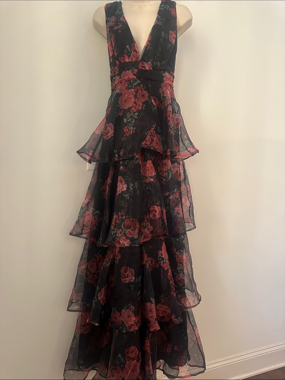 STUNNING Floral Tiered V-Neck Evening Gown - Black with Red Rose Print